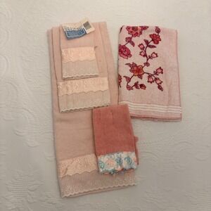 Vintage The Bathworks Pink Lace Towel Set 5pc Floral Shabby Chic Made in USA NWT